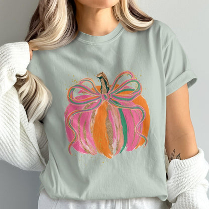 Vibrant Pumpkin Bow Graphic Tee Trendy Fashion Product