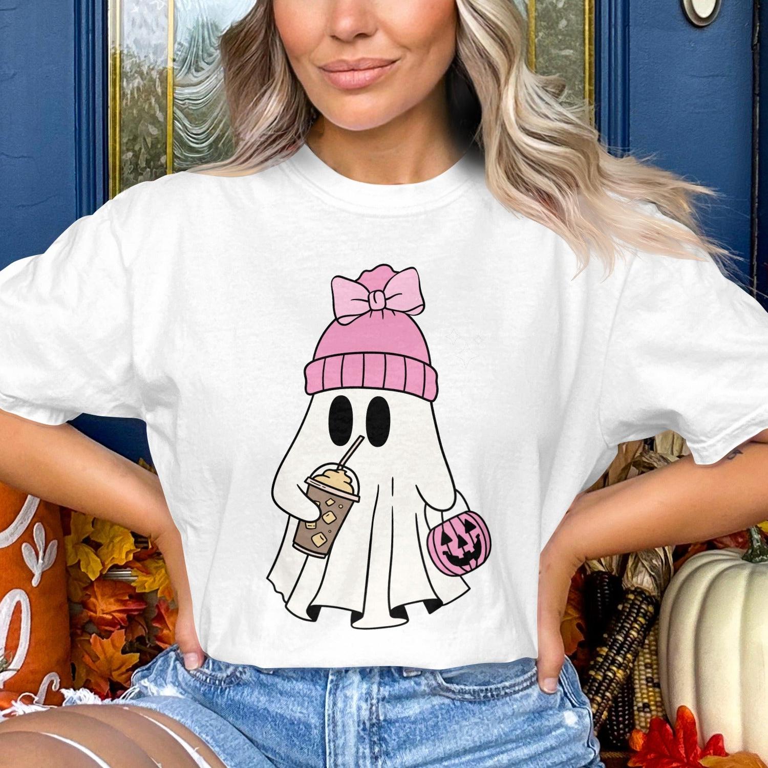 Cute Ghost with Coffee Halloween Themed T-Shirt product