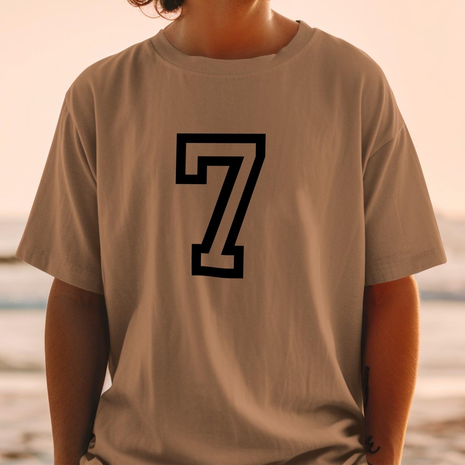 Stylish Casual Beige T-Shirt with Number Seven Print product type