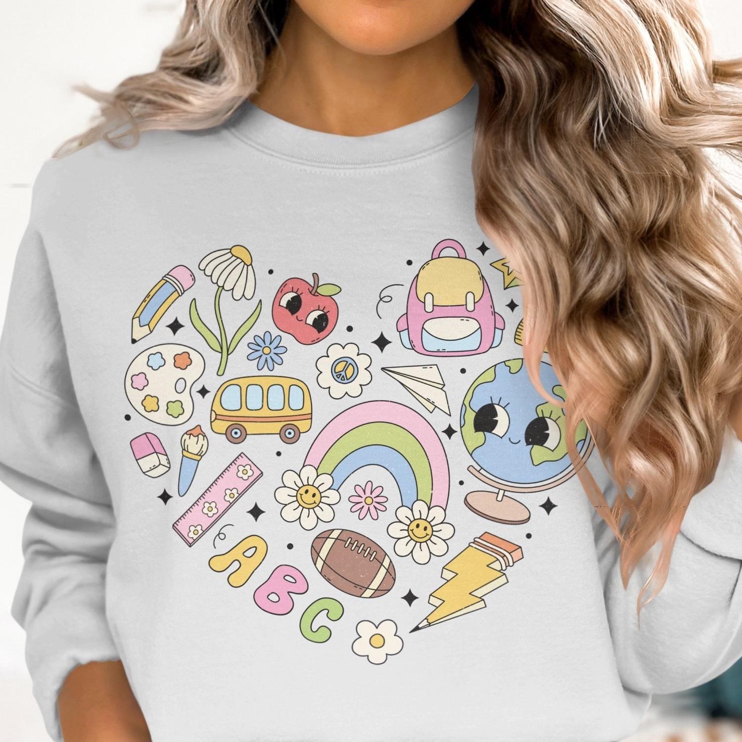 Back to School Sweatshirt, Cute School Themed Design, Education Icons, Kids School Essentials, Colorful School Supplies - Almighty Goods
