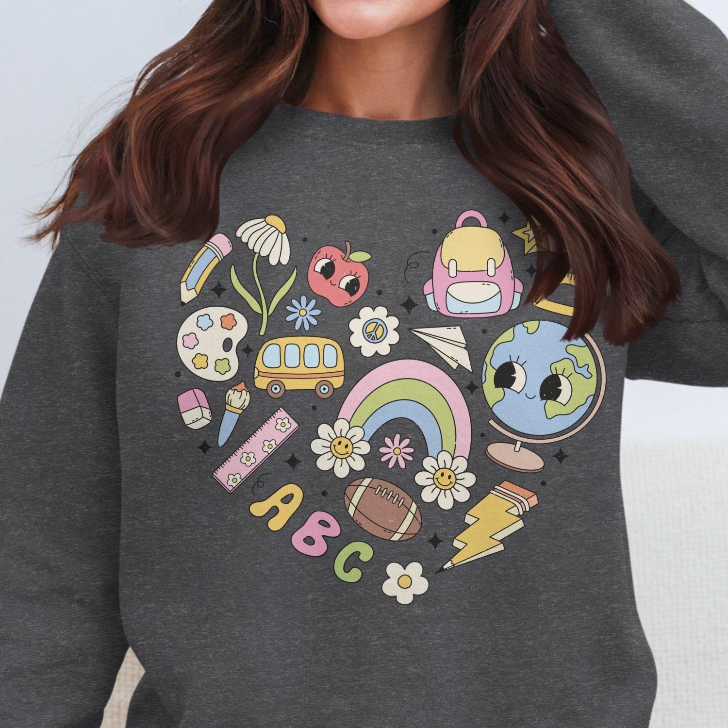 Back to School Sweatshirt, Cute School Themed Design, Education Icons, Kids School Essentials, Colorful School Supplies - Almighty Goods