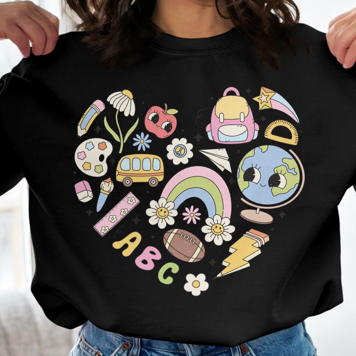 Back to School Sweatshirt, Cute School Themed Design, Education Icons, Kids School Essentials, Colorful School Supplies - Almighty Goods