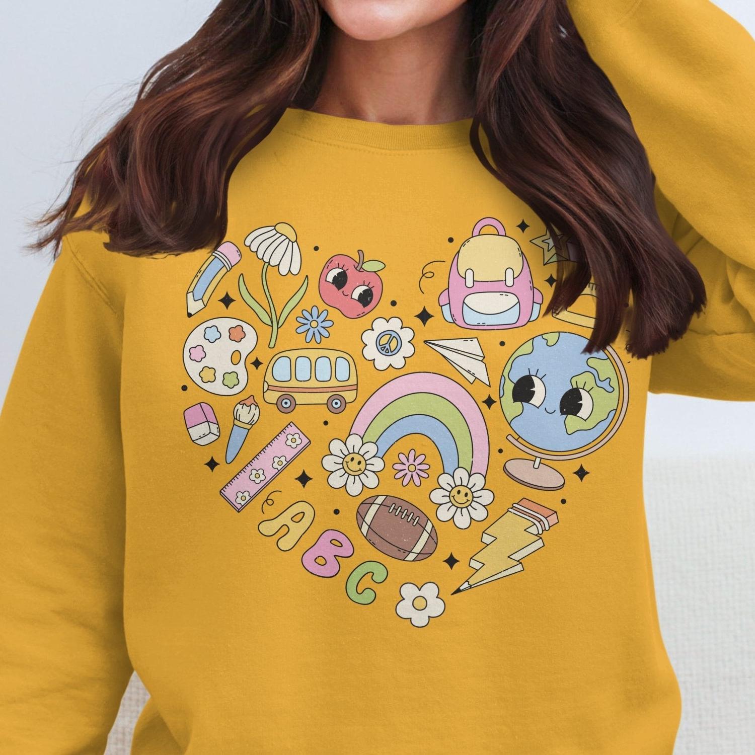 Back to School Sweatshirt, Cute School Themed Design, Education Icons, Kids School Essentials, Colorful School Supplies - Almighty Goods