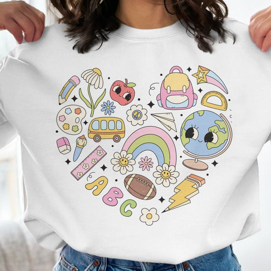 Back to School Sweatshirt, Cute School Themed Design, Education Icons, Kids School Essentials, Colorful School Supplies - Almighty Goods