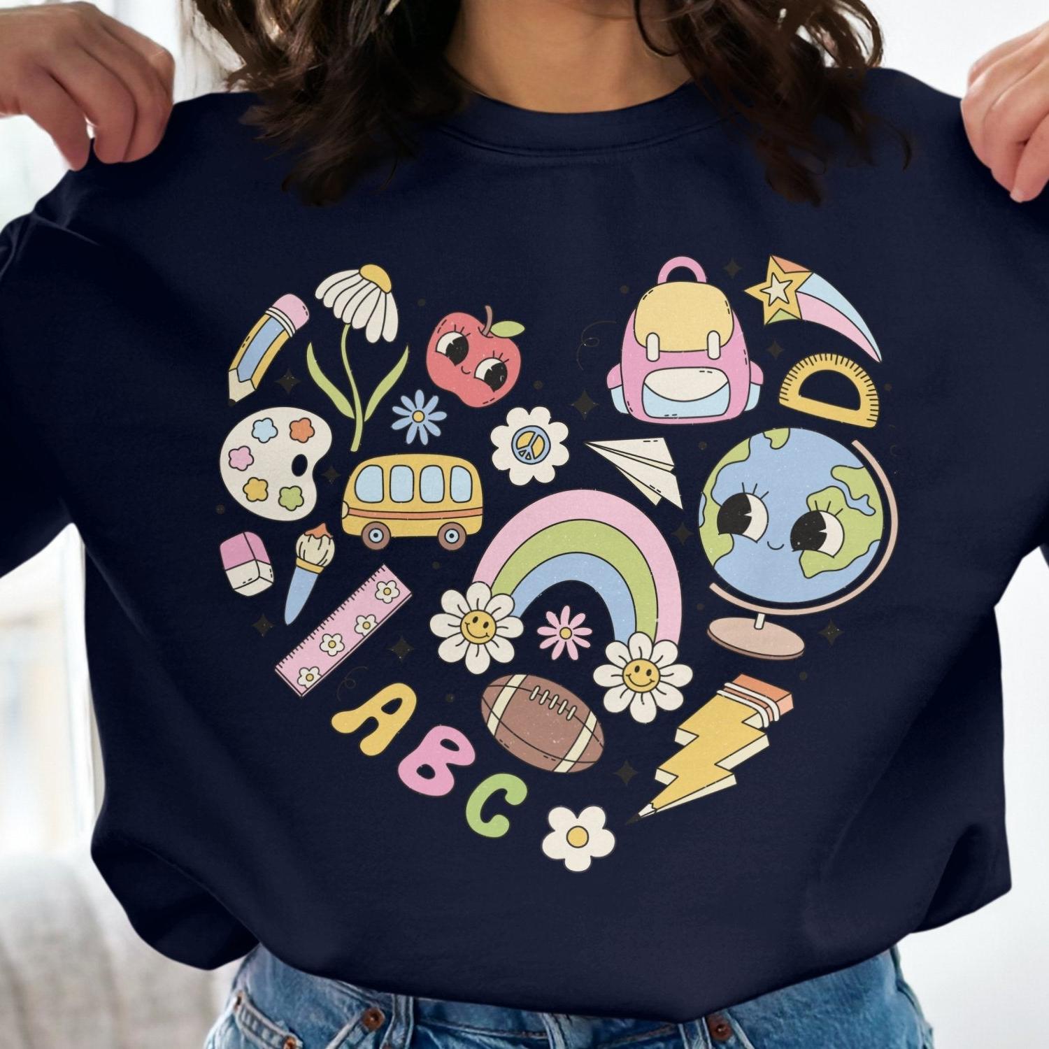 Back to School Sweatshirt, Cute School Themed Design, Education Icons, Kids School Essentials, Colorful School Supplies - Almighty Goods