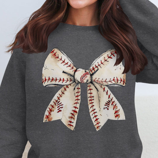 Baseball Bow Sweatshirt, Vintage Baseball Design, Sports Team Apparel, Cute Baseball Bow Crewneck, Athletic Fashion Wear - Almighty Goods