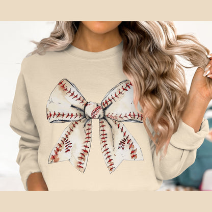 Baseball Bow Sweatshirt, Vintage Baseball Design, Sports Team Apparel, Cute Baseball Bow Crewneck, Athletic Fashion Wear - Almighty Goods