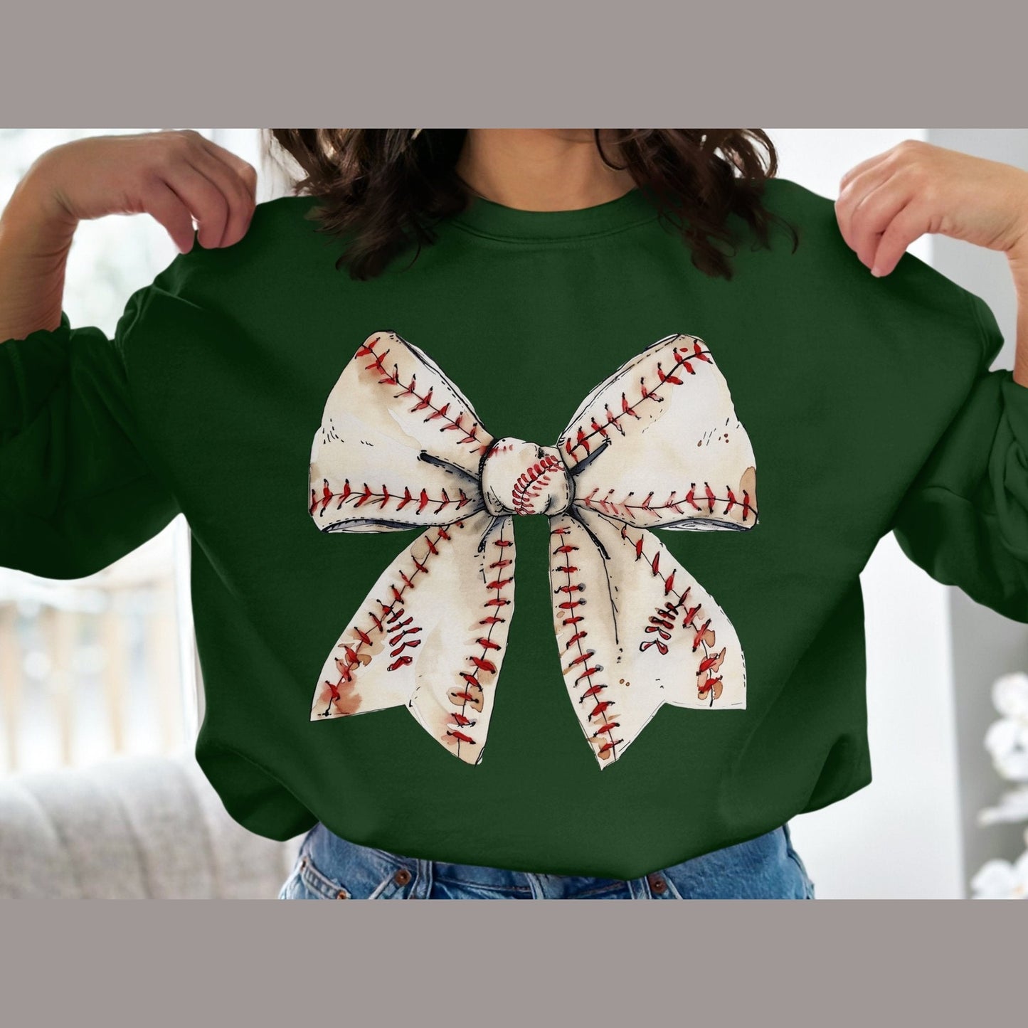 Baseball Bow Sweatshirt, Vintage Baseball Design, Sports Team Apparel, Cute Baseball Bow Crewneck, Athletic Fashion Wear - Almighty Goods