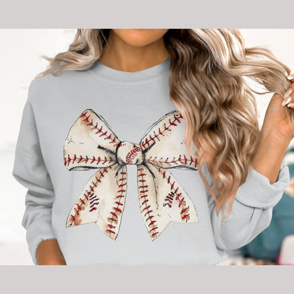 Baseball Bow Sweatshirt, Vintage Baseball Design, Sports Team Apparel, Cute Baseball Bow Crewneck, Athletic Fashion Wear - Almighty Goods