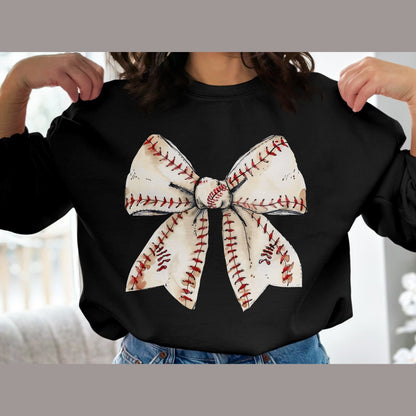 Baseball Bow Sweatshirt, Vintage Baseball Design, Sports Team Apparel, Cute Baseball Bow Crewneck, Athletic Fashion Wear - Almighty Goods