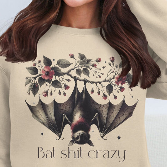 Bat Shit Crazy Bat Sweatshirt With Charming Floral Design, Sweatshirt - Almighty Goods