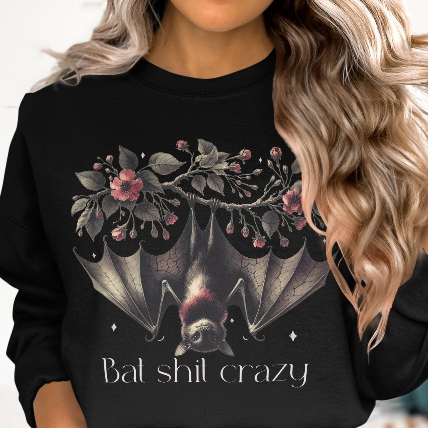 Bat Shit Crazy Bat Sweatshirt With Charming Floral Design, Sweatshirt - Almighty Goods