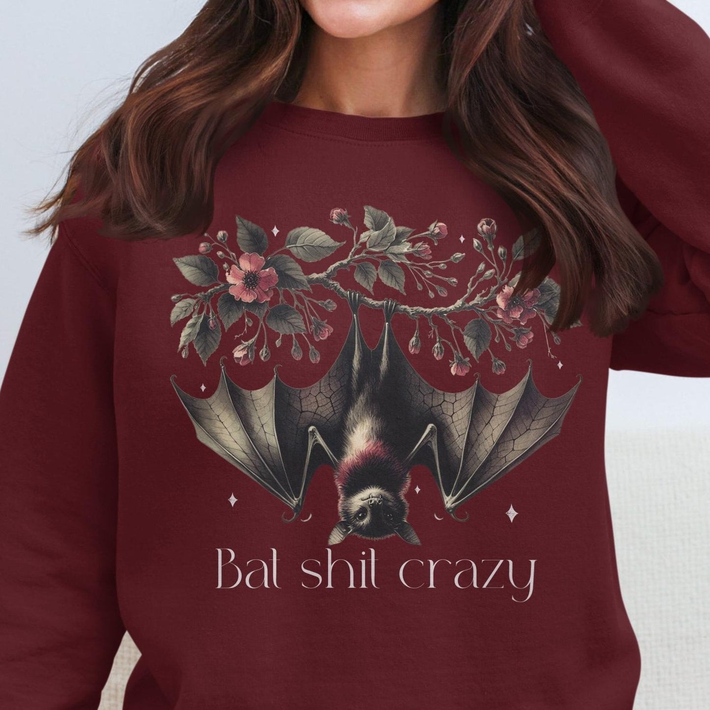 Bat Shit Crazy Bat Sweatshirt With Charming Floral Design, Sweatshirt - Almighty Goods