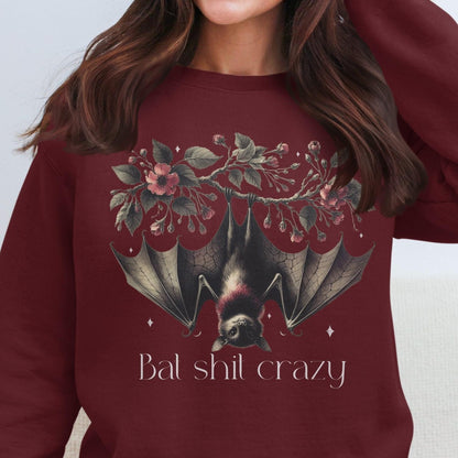 Bat Shit Crazy Bat Sweatshirt With Charming Floral Design, Sweatshirt - Almighty Goods