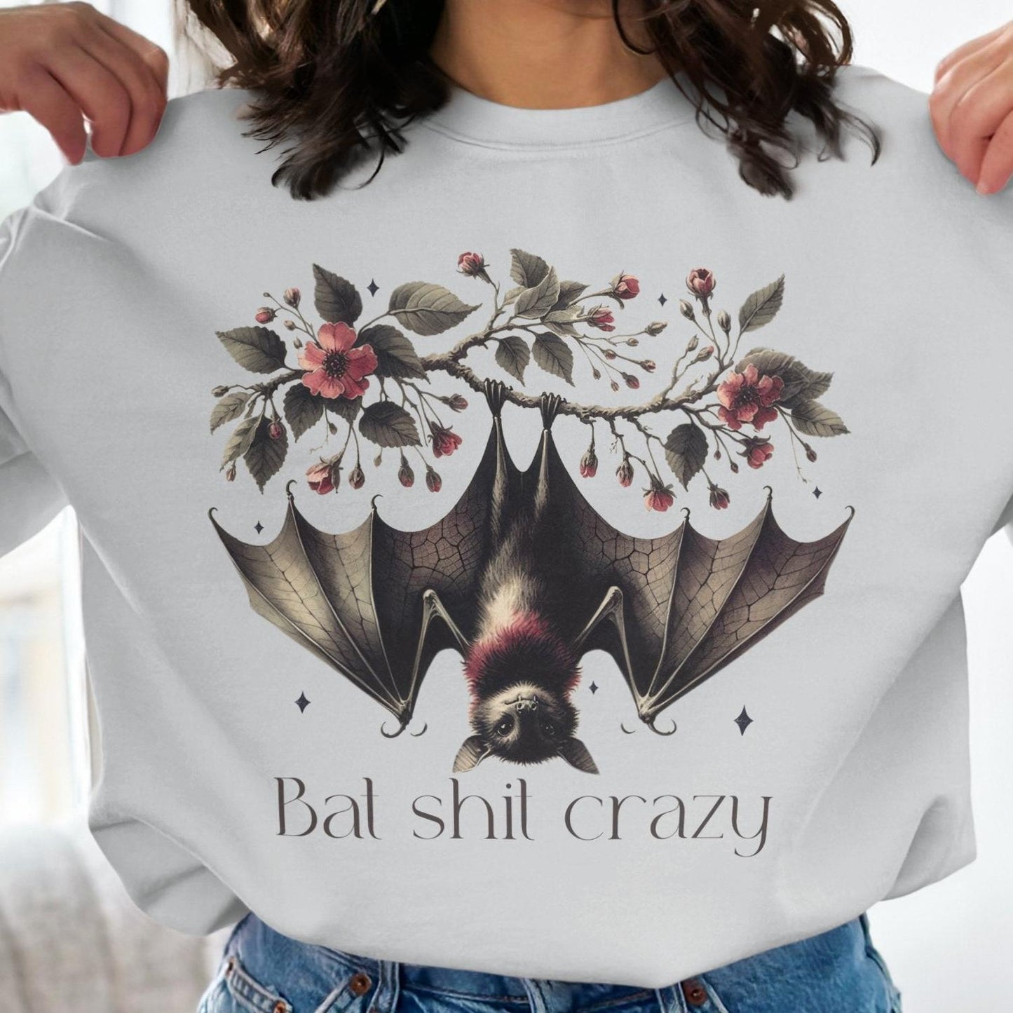 Bat Shit Crazy Bat Sweatshirt With Charming Floral Design, Sweatshirt - Almighty Goods