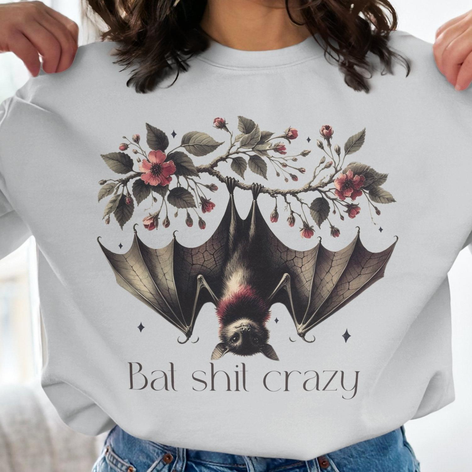 Bat Shit Crazy Bat Sweatshirt With Charming Floral Design, Sweatshirt - Almighty Goods