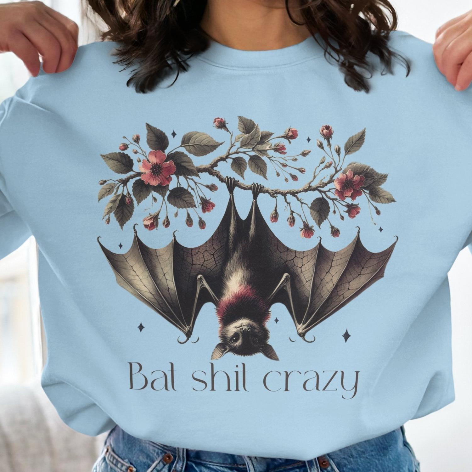 Bat Shit Crazy Bat Sweatshirt With Charming Floral Design, Sweatshirt - Almighty Goods