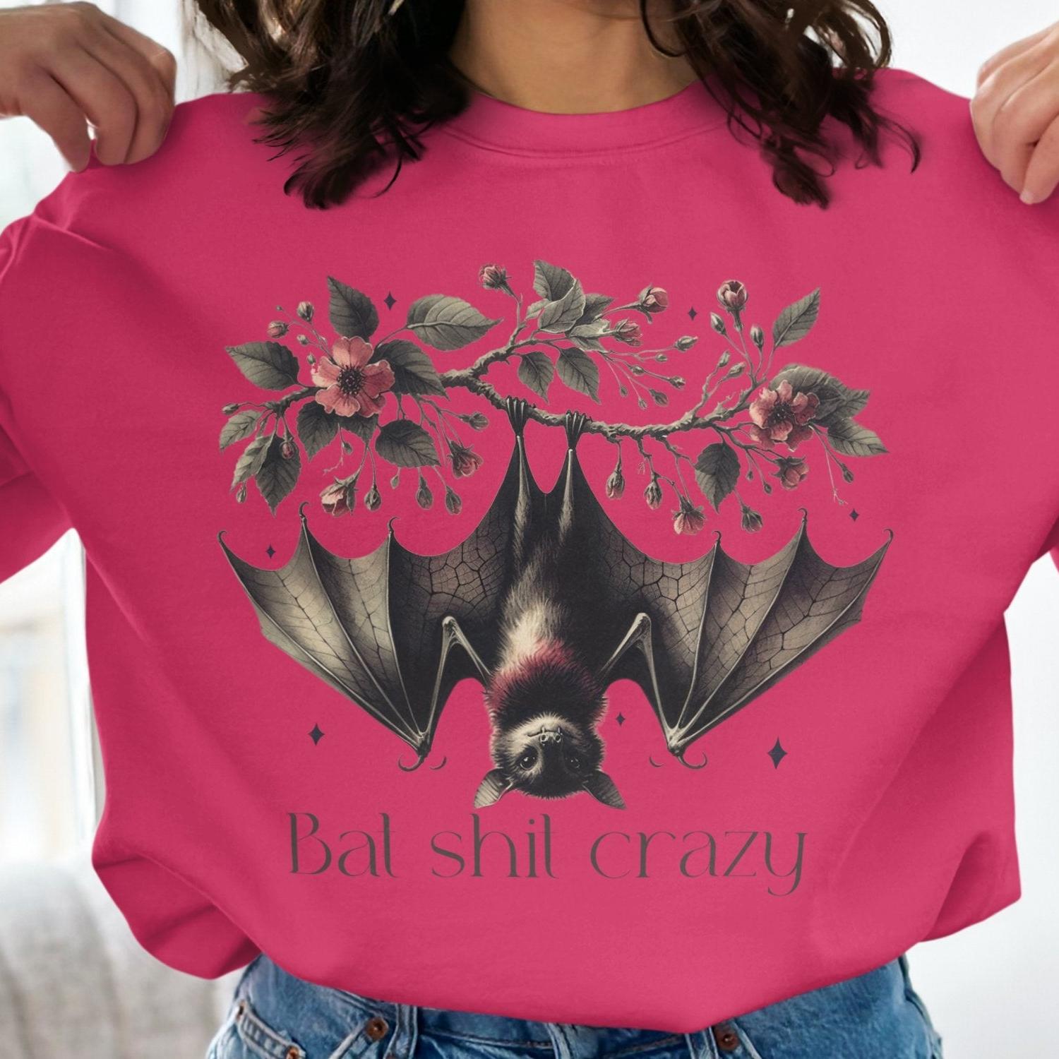 Bat Shit Crazy Bat Sweatshirt With Charming Floral Design, Sweatshirt - Almighty Goods