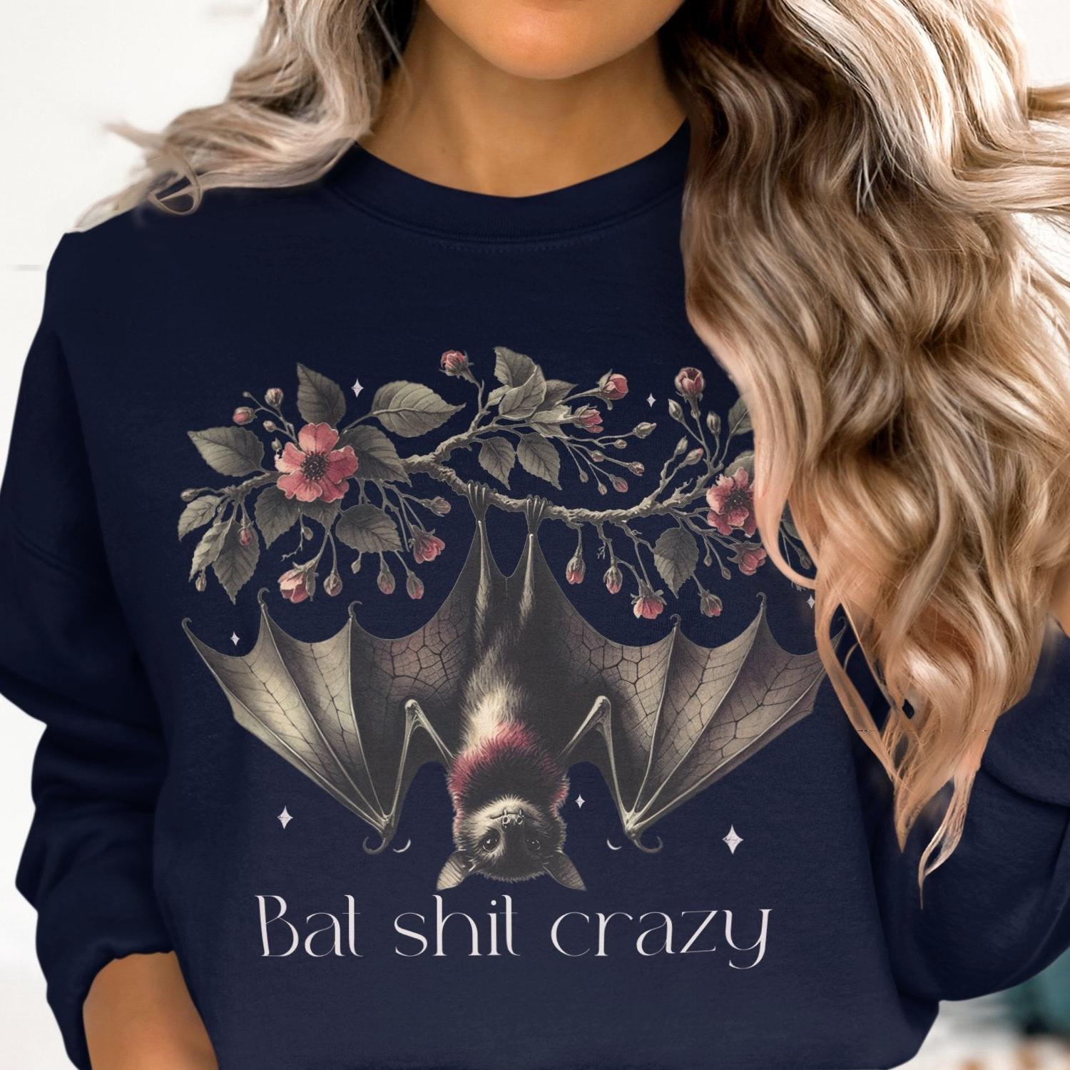 Bat Shit Crazy Bat Sweatshirt With Charming Floral Design, Sweatshirt - Almighty Goods