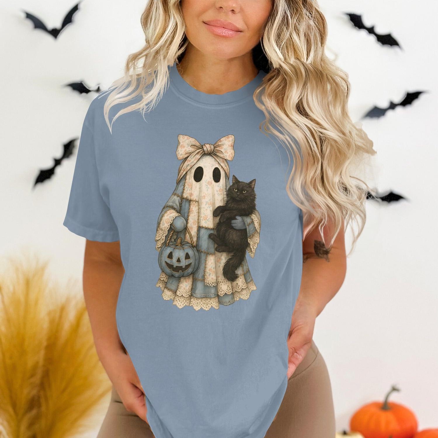 Halloween Ghost and Black Cat Graphic T-Shirt product
