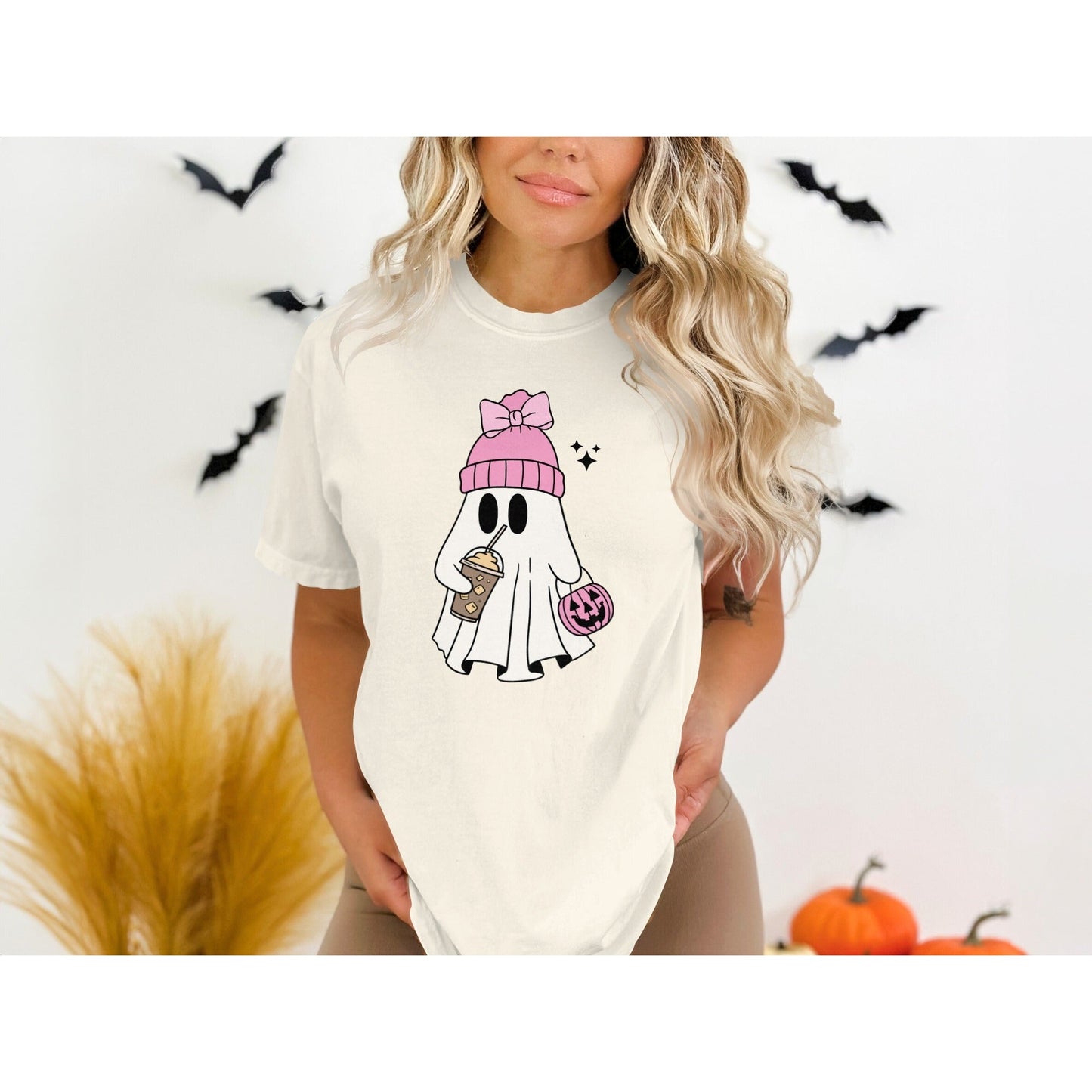 Cute Ghost with Pink Beanie Halloween T-shirt product