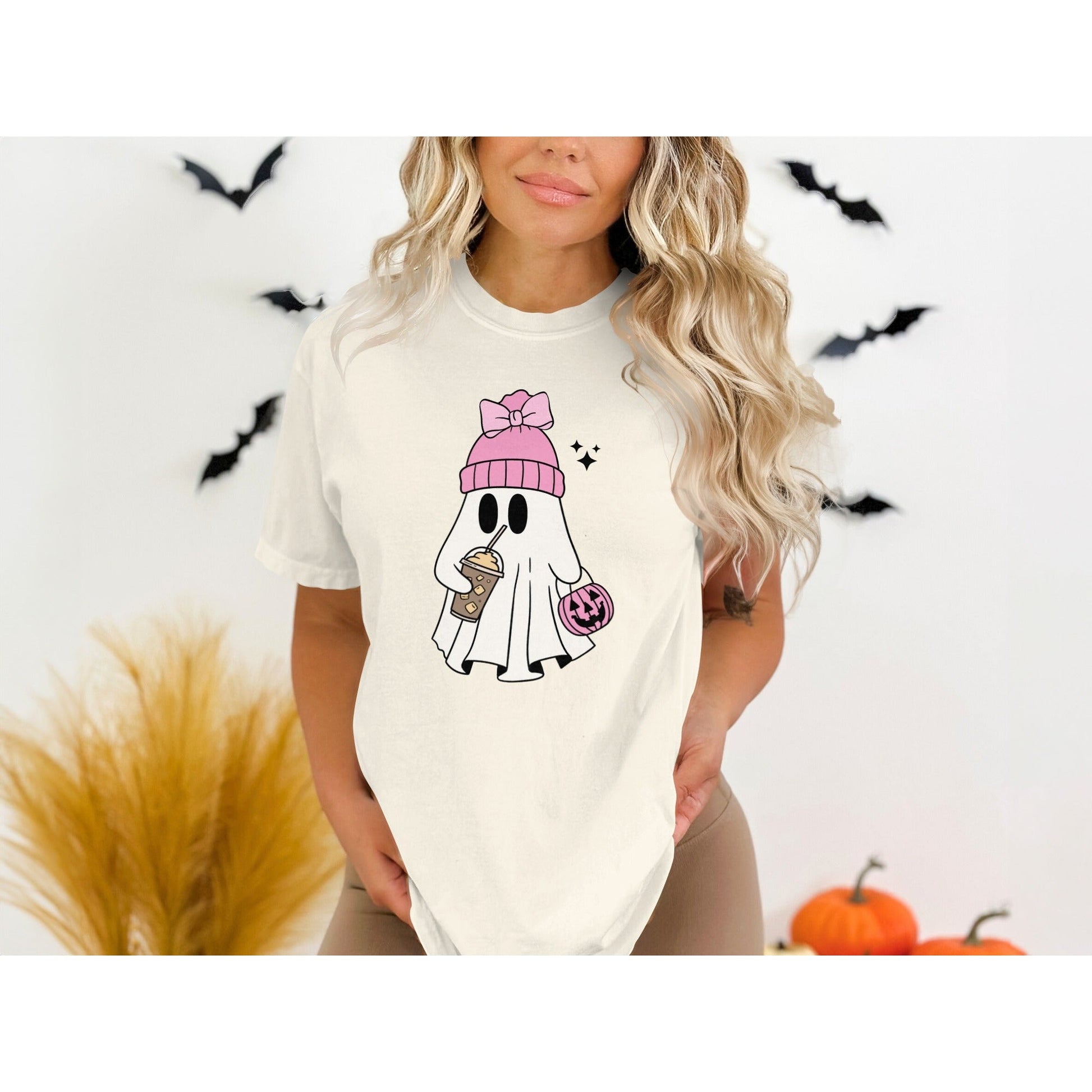 Cute Ghost with Pink Beanie Halloween T-shirt product