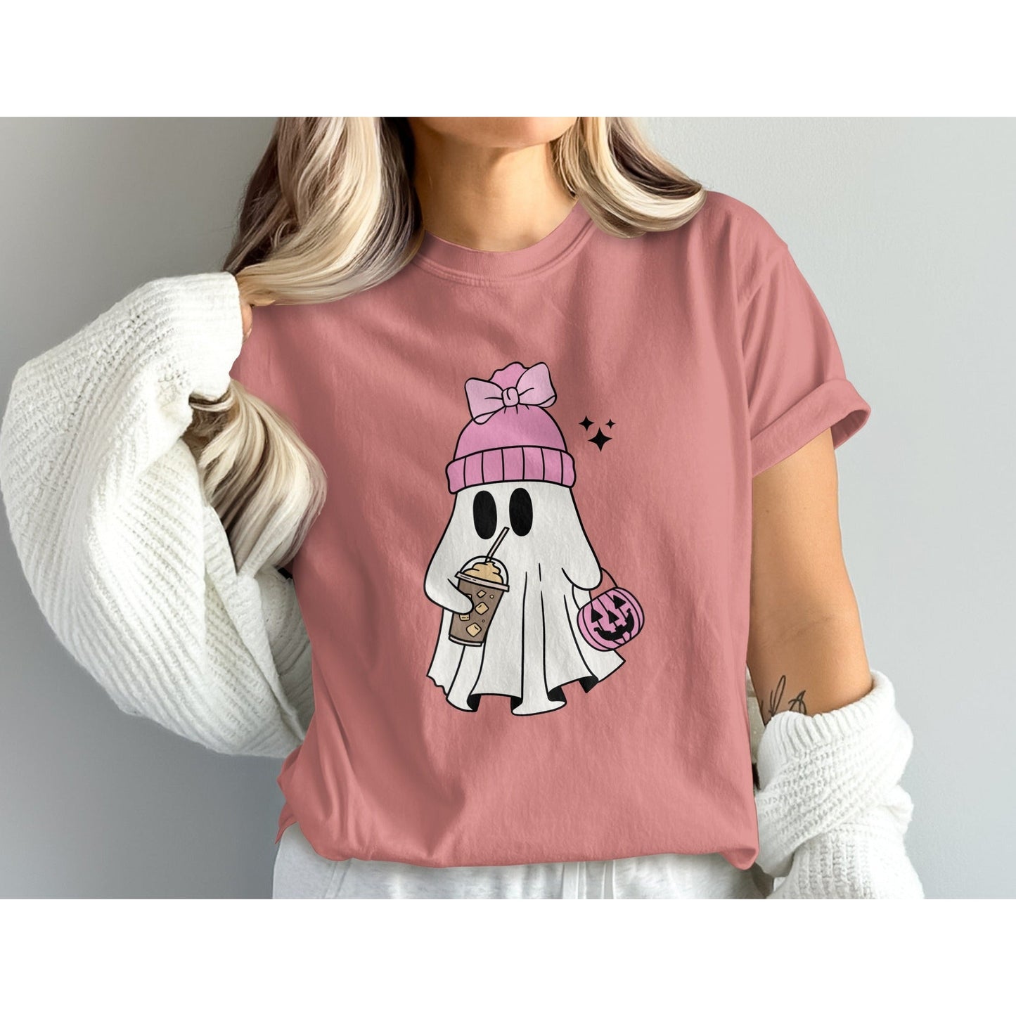 Cute Pink Ghost with Coffee Graphic T-Shirt product type