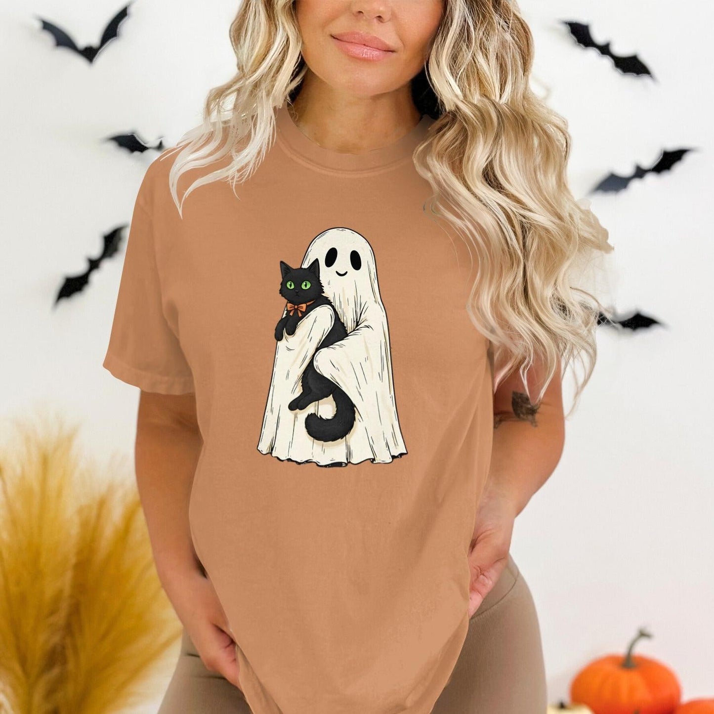 Cute Ghost Holding Black Cat Halloween T-shirt product type