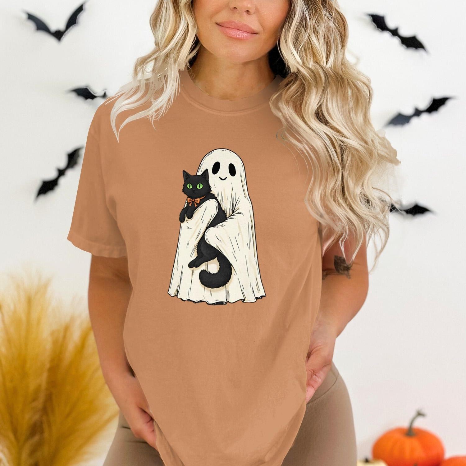 Cute Ghost Holding Black Cat Halloween T-shirt product type