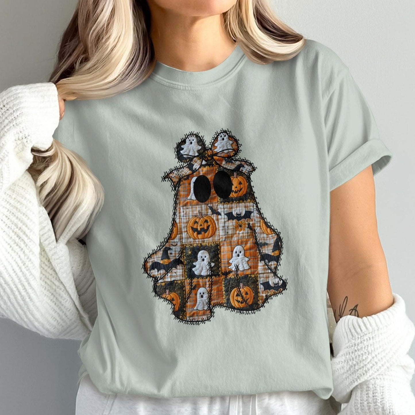 Patchwork Halloween Ghosts and Pumpkins Shirt product