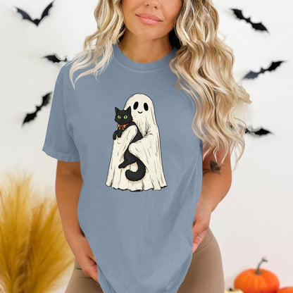 Cute Ghost Holding Black Cat Halloween T Shirt product
