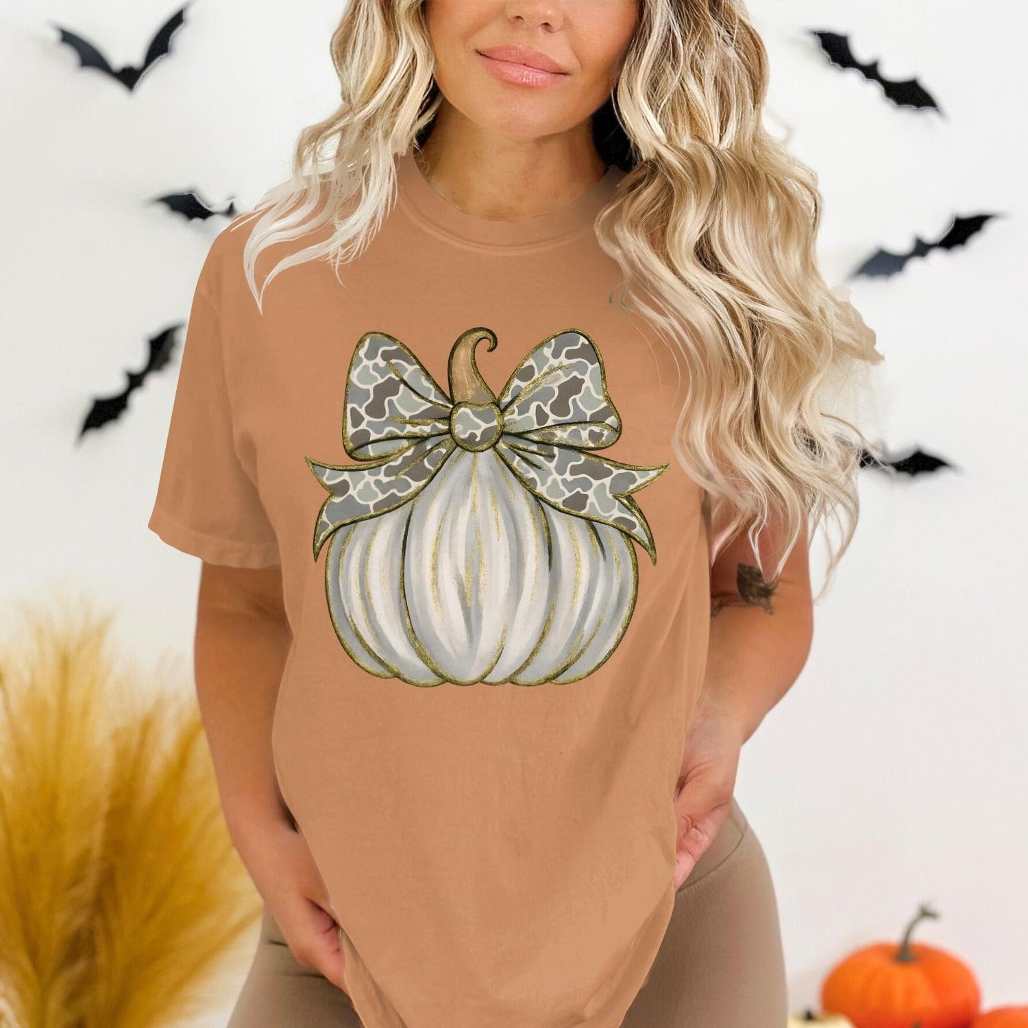 Festive Pumpkin Bow Graphic T-Shirt for Women product