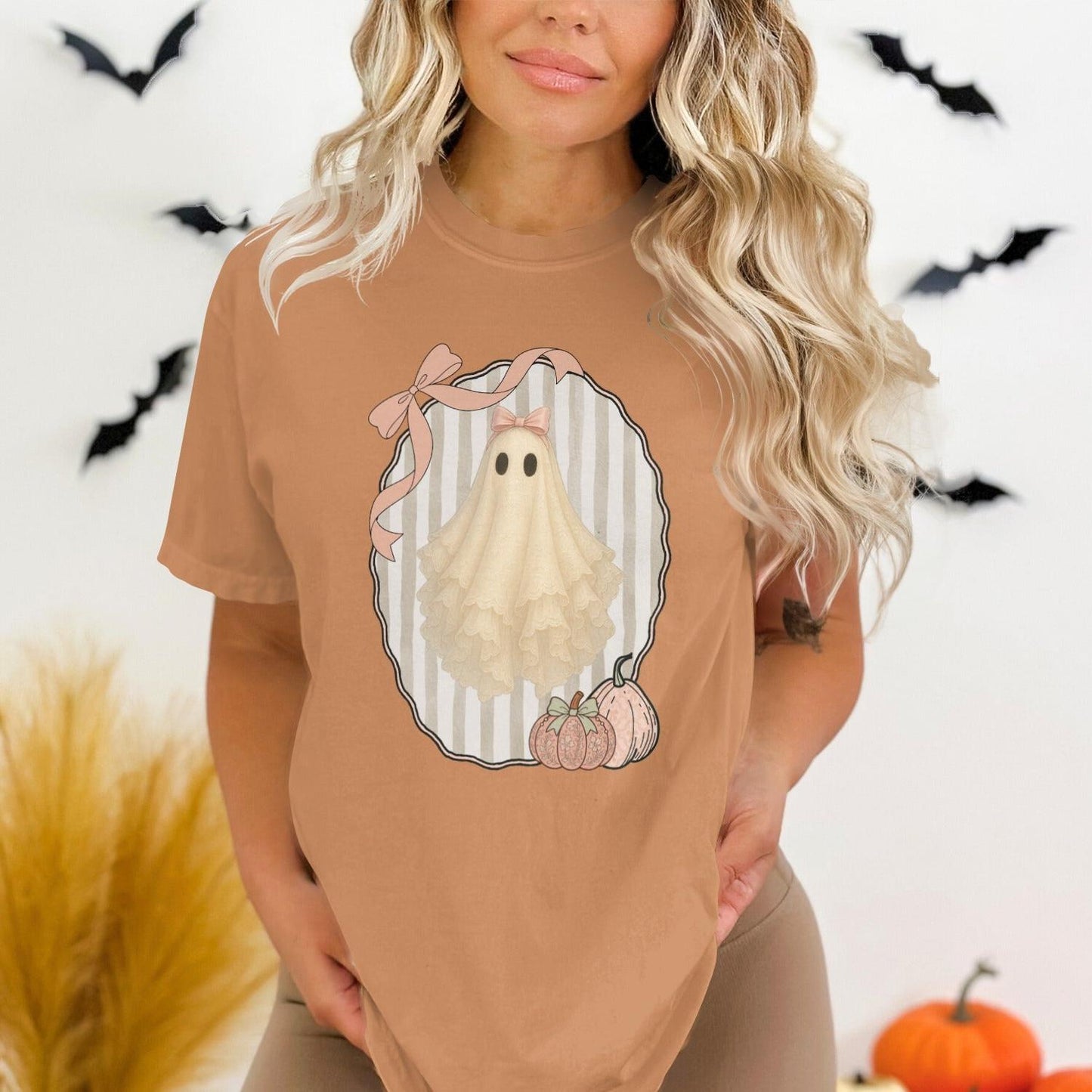 Cute Ghost with Pumpkins Graphic Tee product type