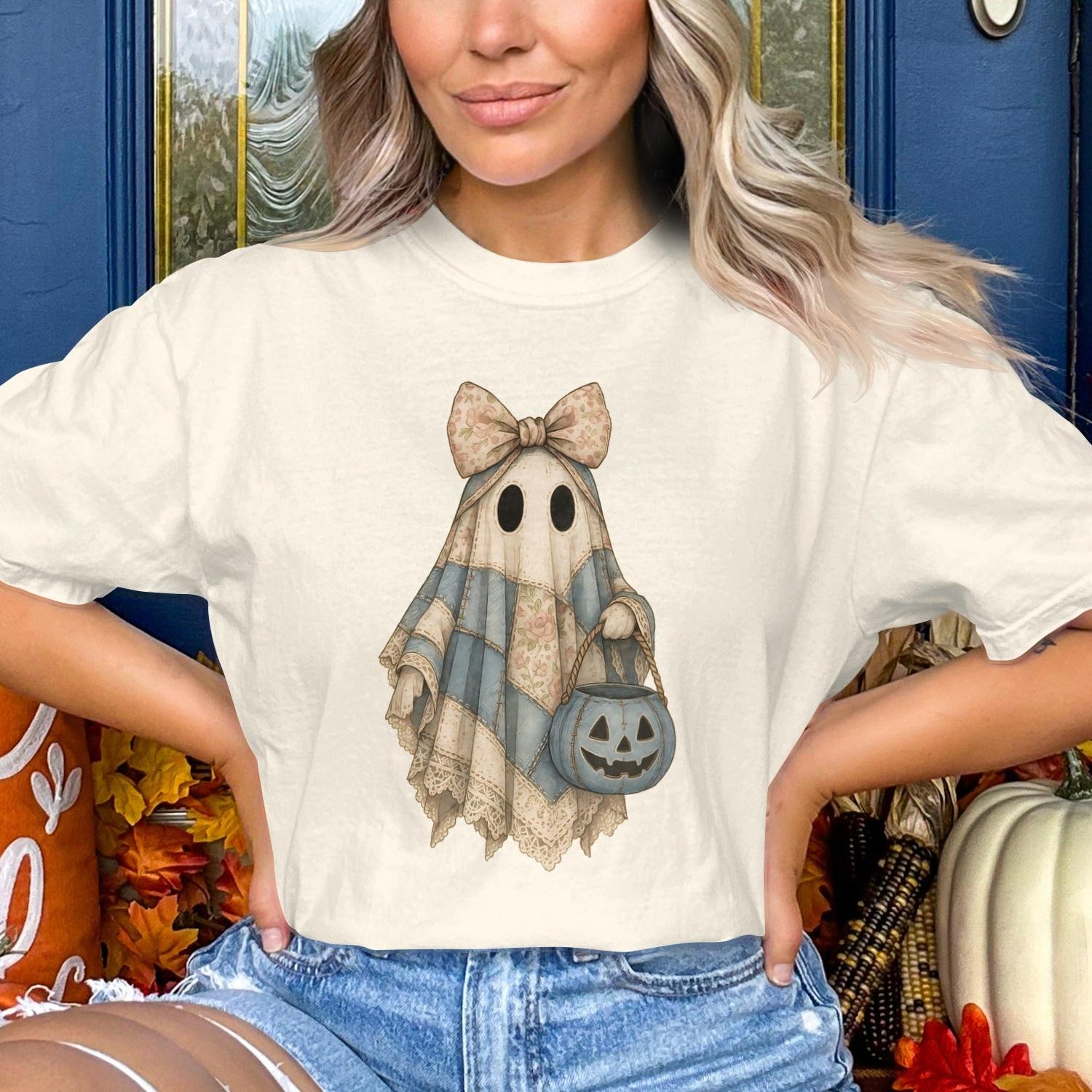 Cute Halloween Ghost with Plaid Bow T-shirt product