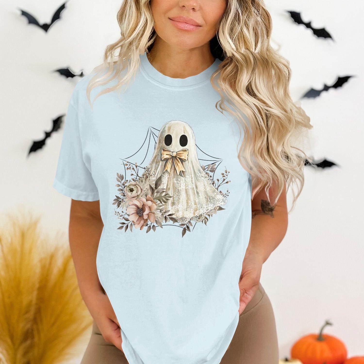 Cute Ghost Graphic T-Shirt with Floral Design product type