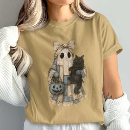 Ghost Holding Black Cat Halloween Graphic T-Shirt Product