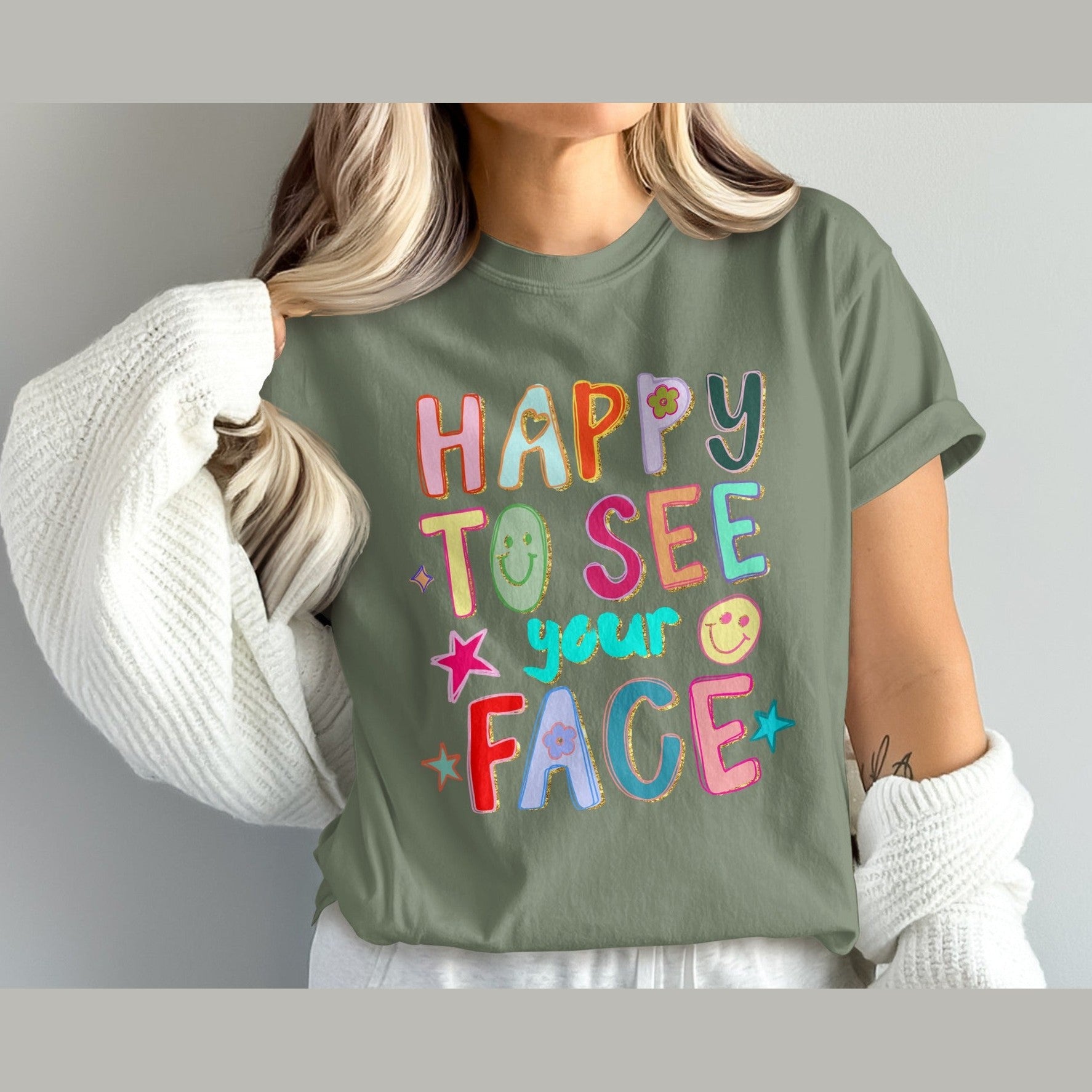 Happy To See Your Face Colorful Graphic T-shirt product type