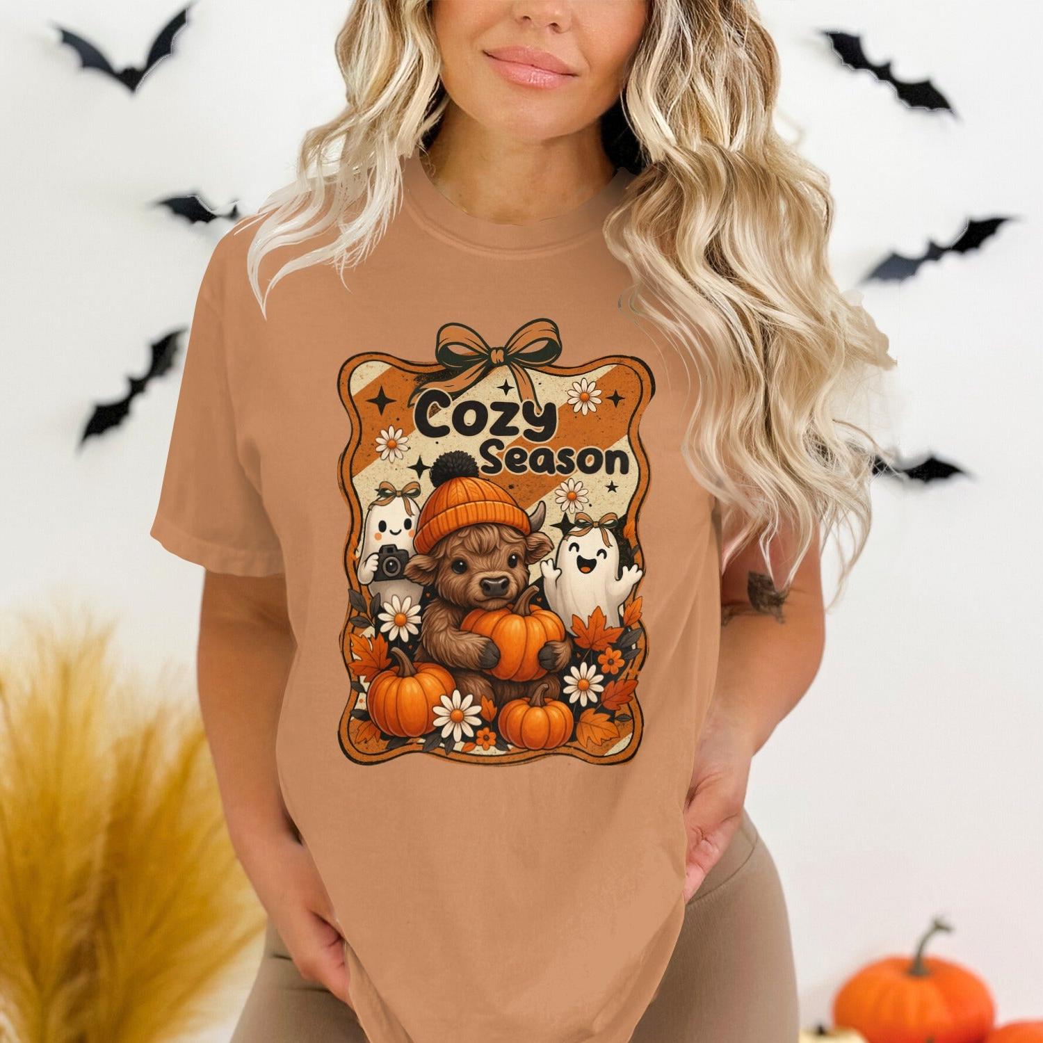 Cozy Season Cute Animal and Pumpkin Graphic Tee product