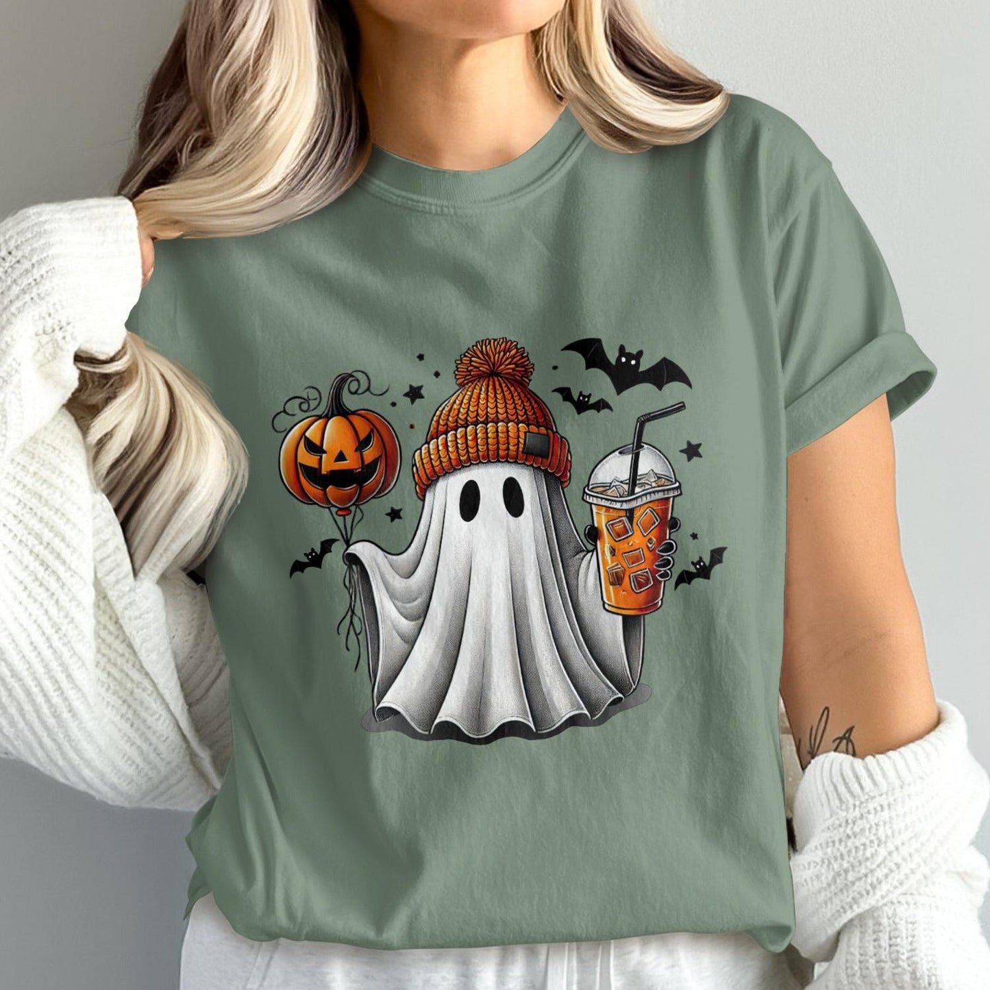 Halloween Ghost with Pumpkin and Drink T-shirt product