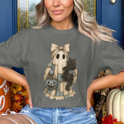 Ghost Cat Halloween Print Casual Graphic Tee product type