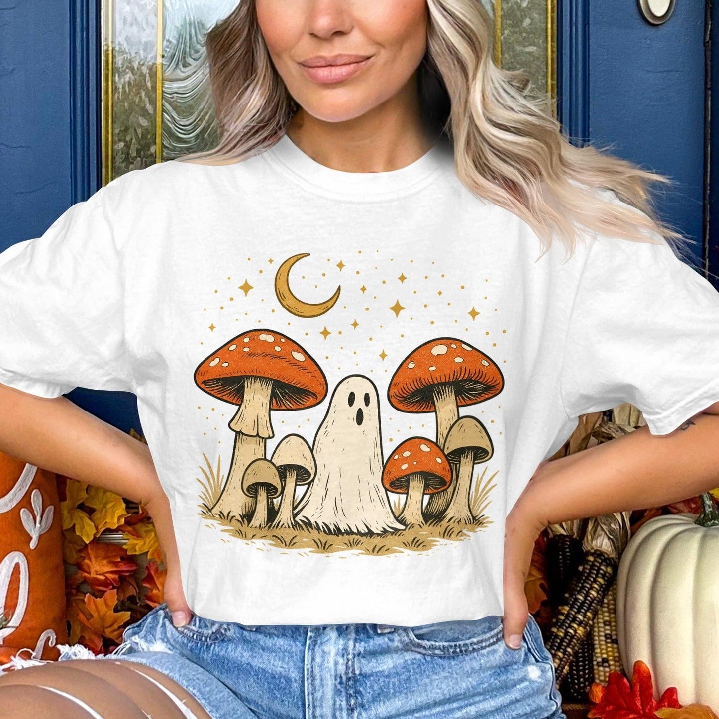 Cute Halloween Shirt with Ghost and Mushrooms product type