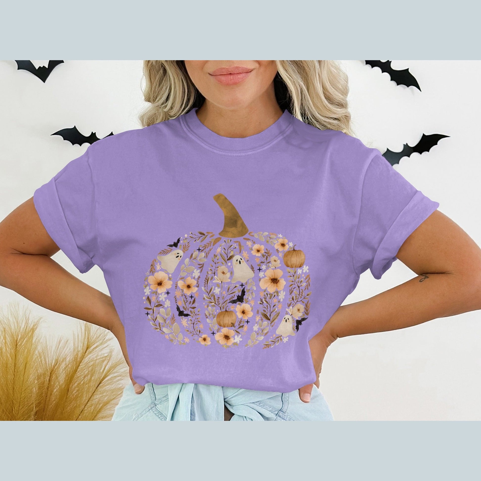 Floral Halloween Pumpkin Graphic T-Shirt product type