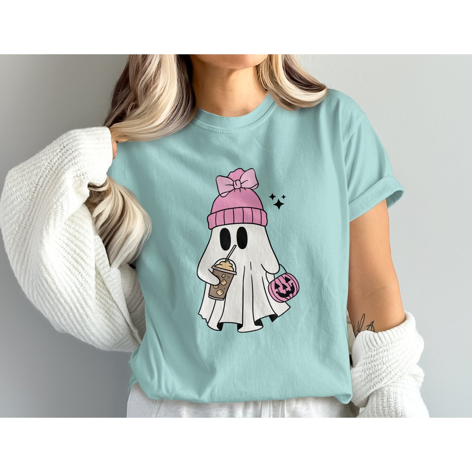 Cute Ghost with Pink Coffee Halloween T-Shirt product type