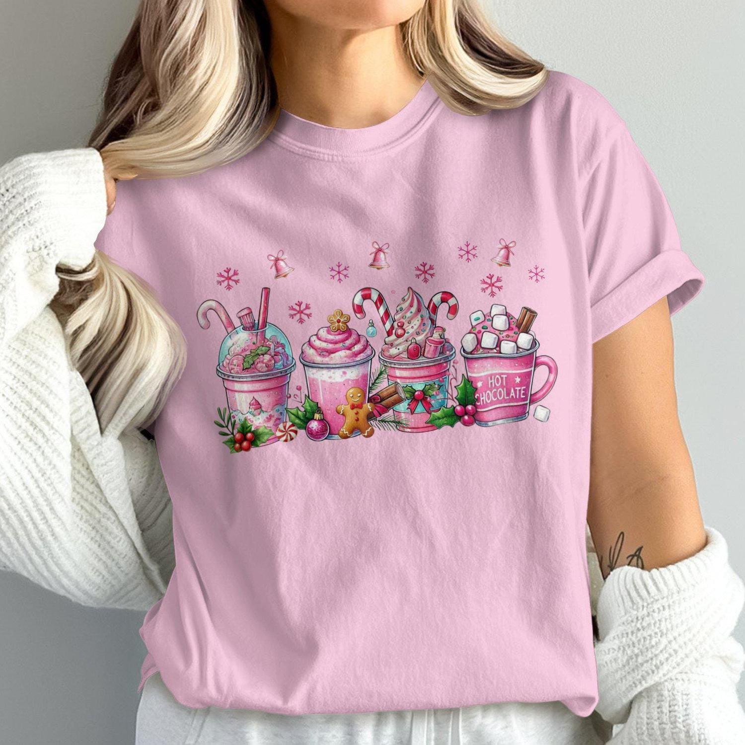 Festive Pink Holiday Beverages Comfort Colors T-Shirts