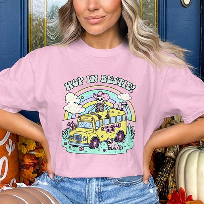 Hop in Bestie Struggle Bus T-Shirt, Skeleton Funny Graphic Tee, Comfort Colors T-Shirt, Pastel Vintage Aesthetic, Cute Raccoon Shirt