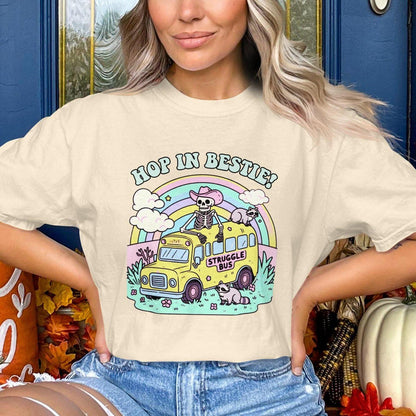Hop in Bestie Struggle Bus T-Shirt, Skeleton Funny Graphic Tee, Comfort Colors T-Shirt, Pastel Vintage Aesthetic, Cute Raccoon Shirt