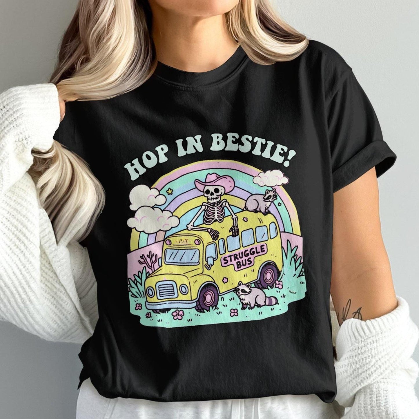 Hop in Bestie Struggle Bus T-Shirt, Skeleton Funny Graphic Tee, Comfort Colors T-Shirt, Pastel Vintage Aesthetic, Cute Raccoon Shirt