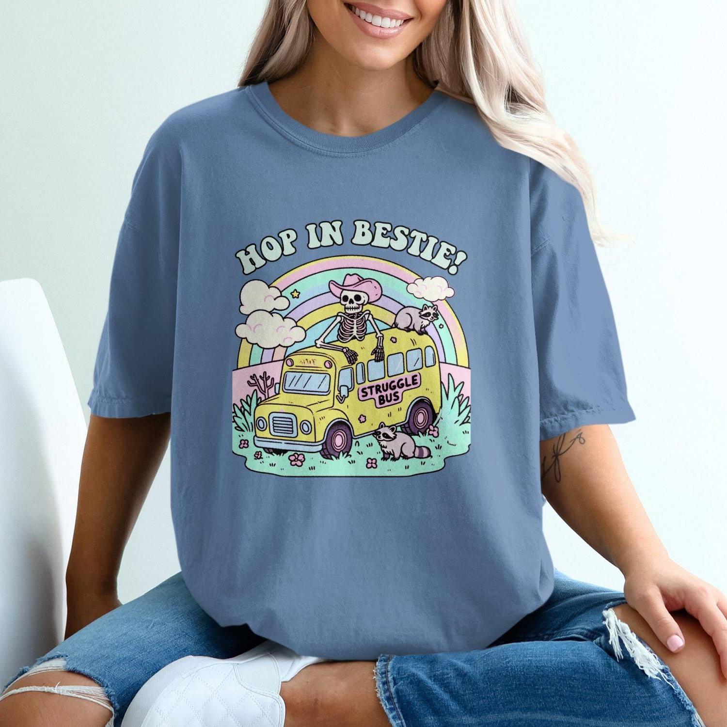 Hop in Bestie Struggle Bus T-Shirt, Skeleton Funny Graphic Tee, Comfort Colors T-Shirt, Pastel Vintage Aesthetic, Cute Raccoon Shirt