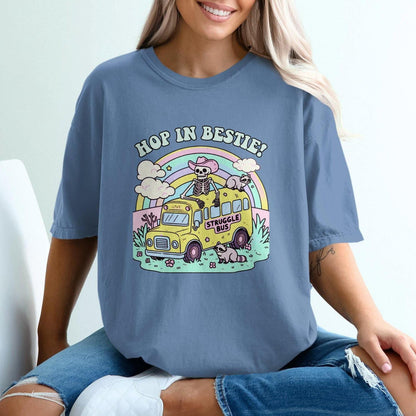 Hop in Bestie Struggle Bus T-Shirt, Skeleton Funny Graphic Tee, Comfort Colors T-Shirt, Pastel Vintage Aesthetic, Cute Raccoon Shirt