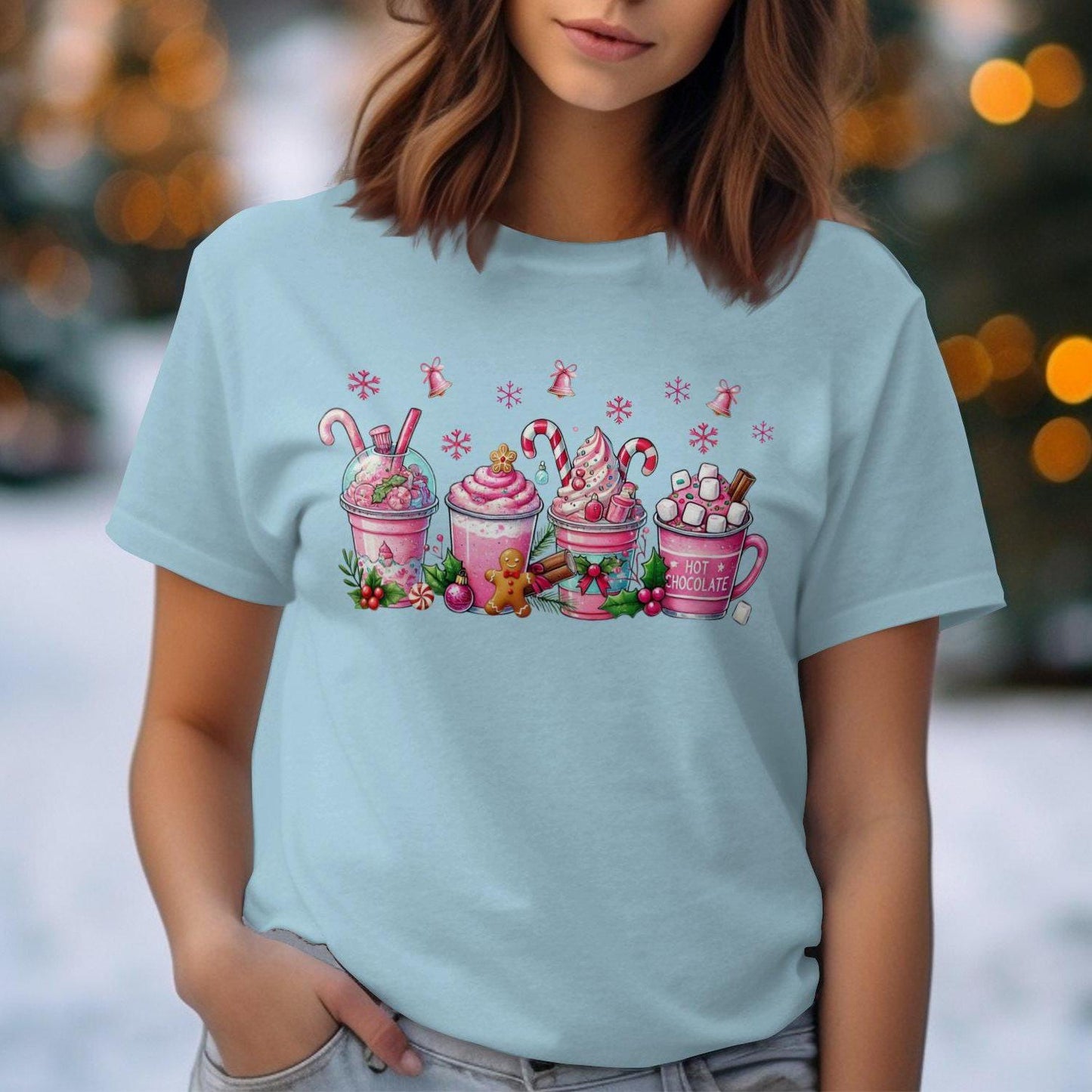 Festive Pink Holiday Beverages Comfort Colors T-Shirts